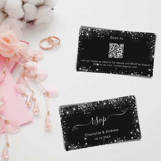 Zwarte zilveren trouwwebsite RSVP QR-code Informatiekaartje