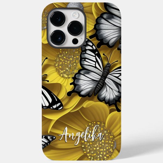 Zwarte Zilveren Vlinder Gele Bloemen Aangepaste Na Case-Mate iPhone Case (Achterkant)