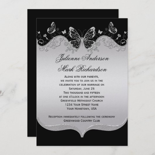 zwarte zilveren vlinders bruiloft kaart (Voorkant / Achterkant)