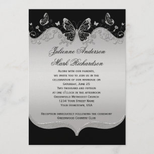 zwarte zilveren vlinders bruiloft kaart