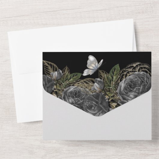 Zwarte zilverglazen vlinder roos florale kaas all in one uitnodiging (Achterkant)