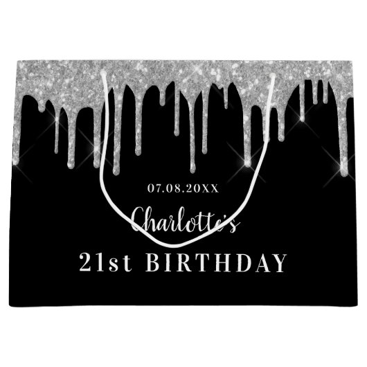 Zwarte zilverglitter drift monogram naam groot cadeauzakje (Voorkant)