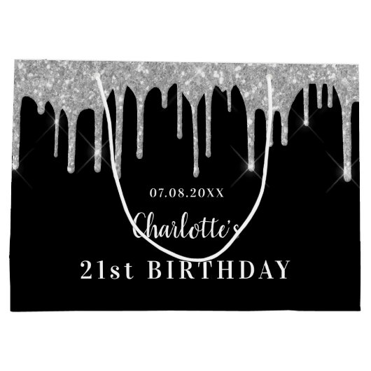 Zwarte zilverglitter drift monogram naam groot cadeauzakje (Achterkant)