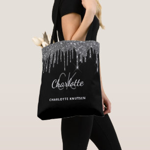 Zwarte zilverglitter druppelt monogram initialen tote bag