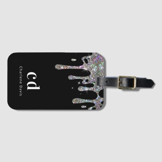 Zwarte zilverglitter druppelt monogram op bagagelabel (Voorkant (horizontaal))