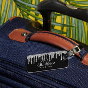 Zwarte zilverglitter druppelt monogram op bagagelabel
