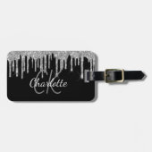 Zwarte zilverglitter druppelt monogram op bagagelabel (Voorkant horizontaal)