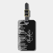 Zwarte zilverglitter druppelt monogram op bagagelabel (Voorkant verticaal)