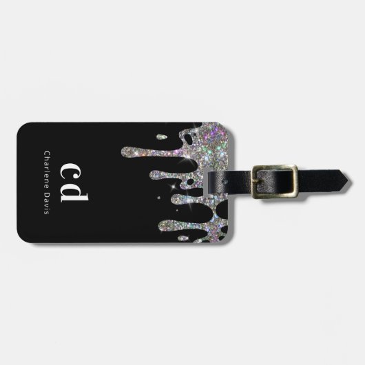 Zwarte zilverglitter druppelt monogram op bagagelabel (Voorkant horizontaal)