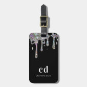 Zwarte zilverglitter druppelt monogram op bagagelabel (Voorkant verticaal)