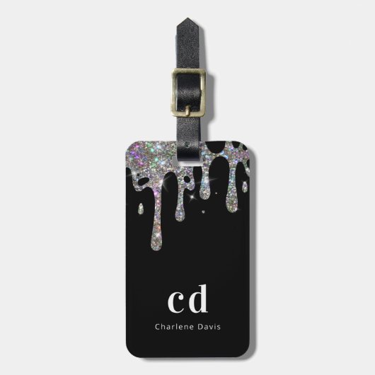 Zwarte zilverglitter druppelt monogram op bagagelabel (Voorkant verticaal)