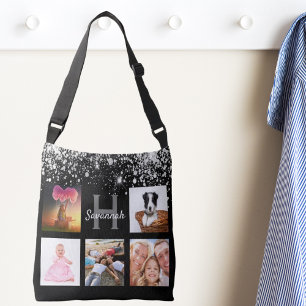 Zwarte zilverglitter foto collage monogram crossbody tas