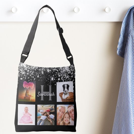 Zwarte zilverglitter foto collage monogram crossbody tas