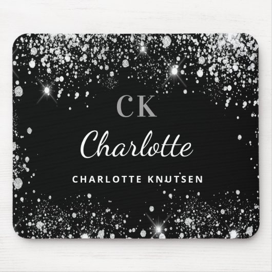 Zwarte zilverglitter-monogram, naam muismat (Voorkant)