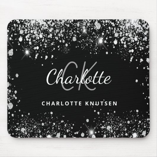 Zwarte zilverglitter-monogram, naam muismat (Voorkant)
