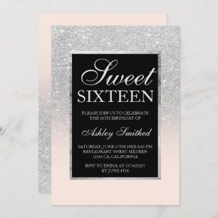 zwarte zilverglitter roze elegante chic Sweet 16 Kaart