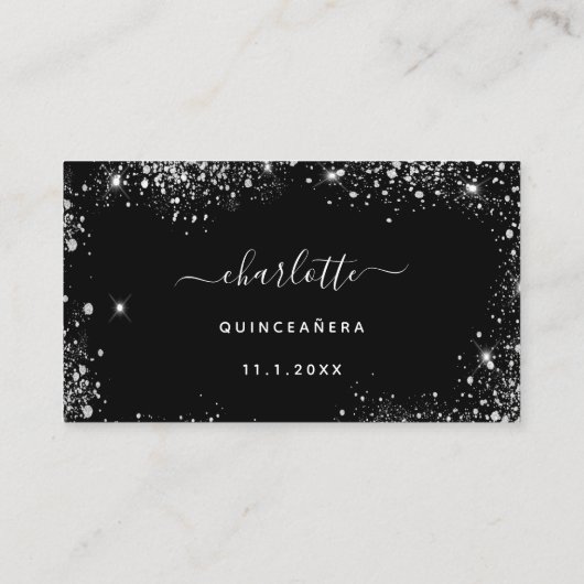 Zwarte zilverglitter RSVP Informatiekaartje (Achterkant)