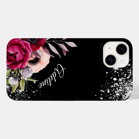 Zwarte zilverglitterbloemen met vuursteentje Case-Mate iPhone case (Achterkant (horizontaal))