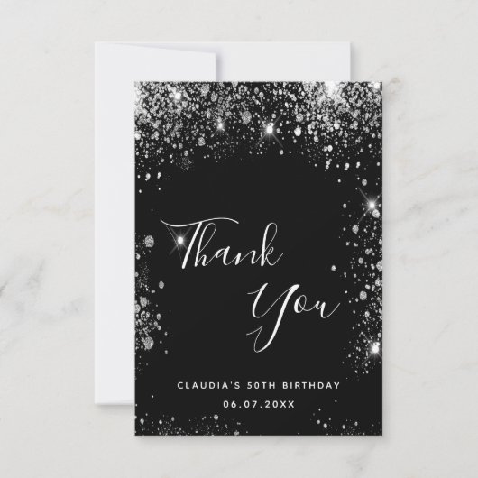 Zwarte zilverglitterelegant bedankkaart (Voorkant)