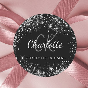 Zwarte zilverglittermonogram initiaal ronde sticker