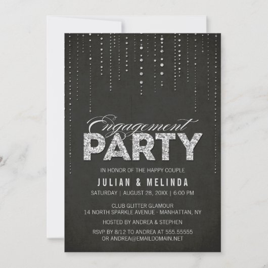 Zwarte & Zilverige Glitter-kijk Engagement Party Kaart (Voorkant)