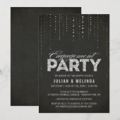 Zwarte & Zilverige Glitter-kijk Engagement Party Kaart (Voorkant / Achterkant)