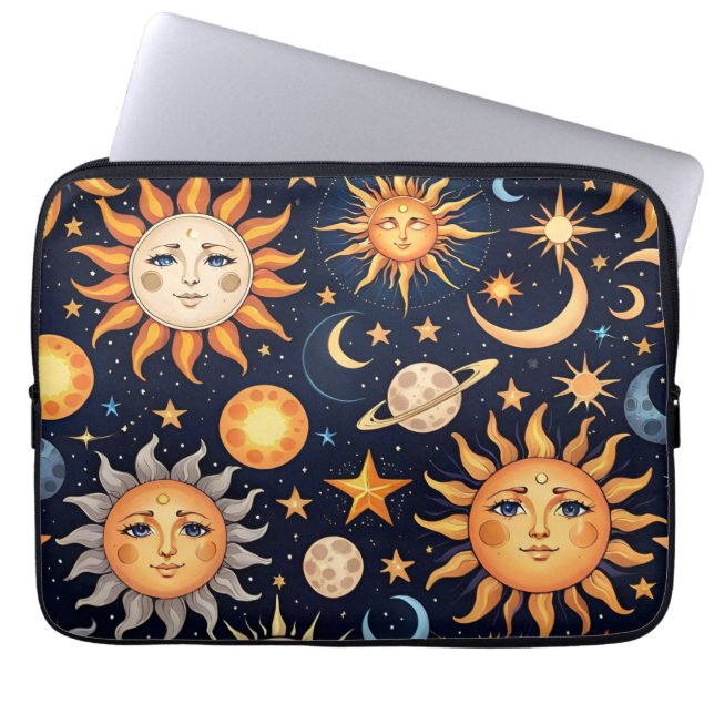 Zwarte zon en maan laptop sleeve (Voorkant)