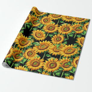 Zwarte Zonnebloem Bloemen CottageCore Patroon Cadeaupapier