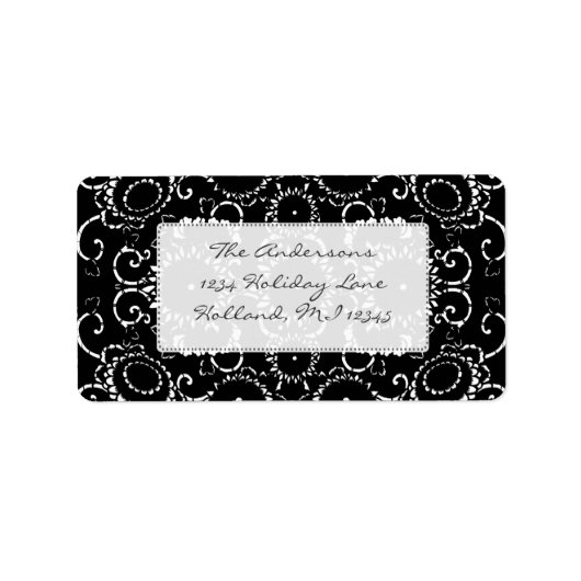 Zwarte zonnebloem Damask Weddenschap Adresetikette Etiket (Voorkant)