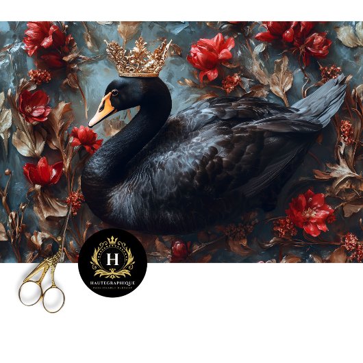 Zwarte Zwaan met Gouden Kroon Rode Bloemen Decoupa Tissuepapier