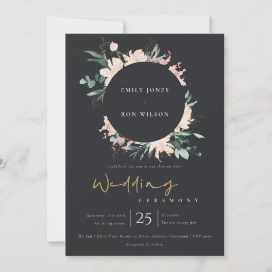 ZWARTE ZWART FLORAL WREATH INK WATERVERF WEDING KAART (Voorkant)