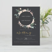 ZWARTE ZWART FLORAL WREATH INK WATERVERF WEDING KAART (Staand voorkant)