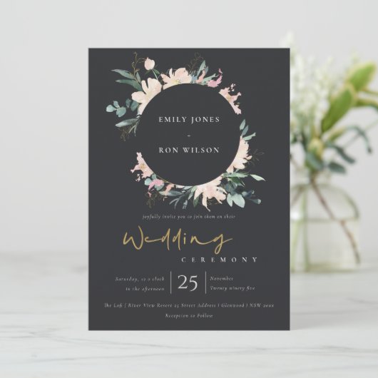 ZWARTE ZWART FLORAL WREATH INK WATERVERF WEDING KAART (Staand voorkant)