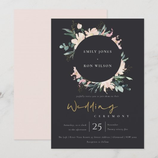 ZWARTE ZWART FLORAL WREATH INK WATERVERF WEDING KAART (Voorkant / Achterkant)