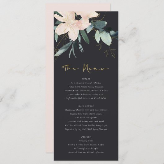 ZWARTE ZWART GOLD FLORAL BUNCH WATERVERF WEDING MENU (Voorkant / Achterkant)