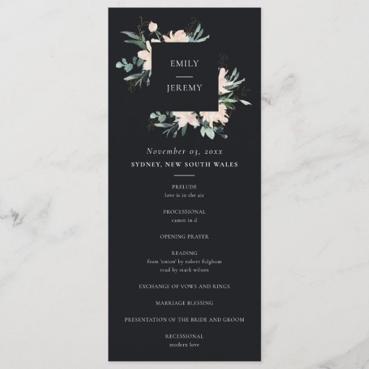 ZWARTE ZWART GOLD FLORAL WEDDING CEREMONY PROGRAMM MENU (Voorkant)