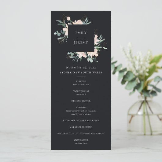 ZWARTE ZWART GOLD FLORAL WEDDING CEREMONY PROGRAMM MENU (Staand voorkant)