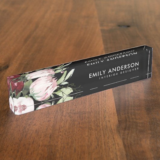 ZWARTE ZWART PINK BURGUNDY PROTEA FLORAL WATERVERF NAAMBORDJE (Zijkant)