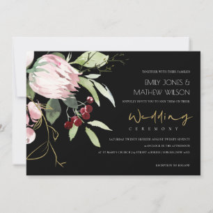 ZWARTE ZWART PINK BURGUNDY PROTEA FLORAL WEDING KAART