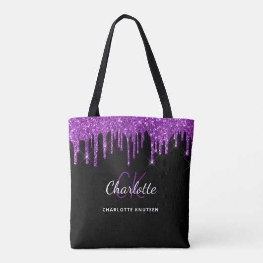 Zwartegrend glinsterende druppels monogram initiaa tote bag (Achterkant)