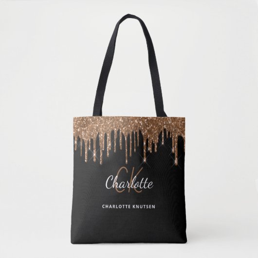 Zwartegrond glinsterende druppels monogram initiaa tote bag (Voorkant)