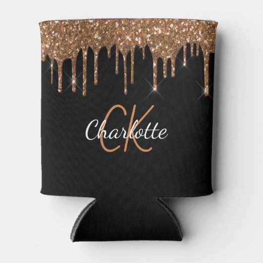 Zwartegrond glinsterende monogram glans blikjeskoeler (Voorkant)