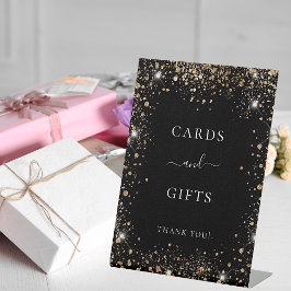 Zwartegrond glitterkaarten cadeau bord reclamebord met voetstuk
