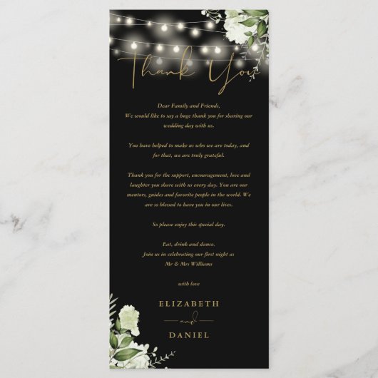 Zwartegrond groene bruiloft bedankkaart menu (Voorkant)