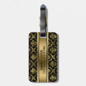 Zwartegrond-met-gouden vintage bloemendamask 2 bagagelabel (Achterkant verticaal)