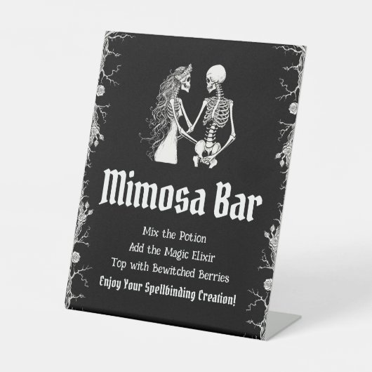 Zwartek gotische Halloween-skelet Mimosa Bar-bord  Reclamebord Met Voetstuk (Voorkant)