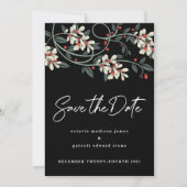Zwartekleurig modern schrift witte bloemen winter save the date (Voorkant)