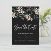 Zwartekleurig modern schrift witte bloemen winter save the date (Staand voorkant)