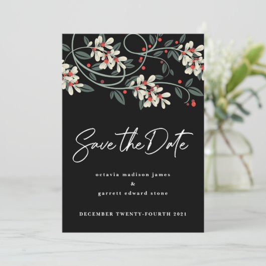 Zwartekleurig modern schrift witte bloemen winter save the date (Staand voorkant)