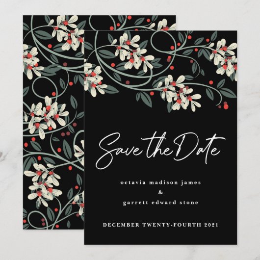 Zwartekleurig modern schrift witte bloemen winter save the date (Voorkant / Achterkant)